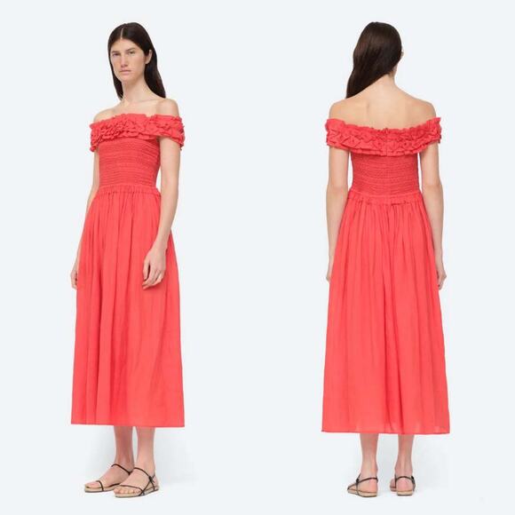 SEA New York Frida Off The Shoulder Smocked Midi Dress Coral Poppy XXS - Picture 14 of 14